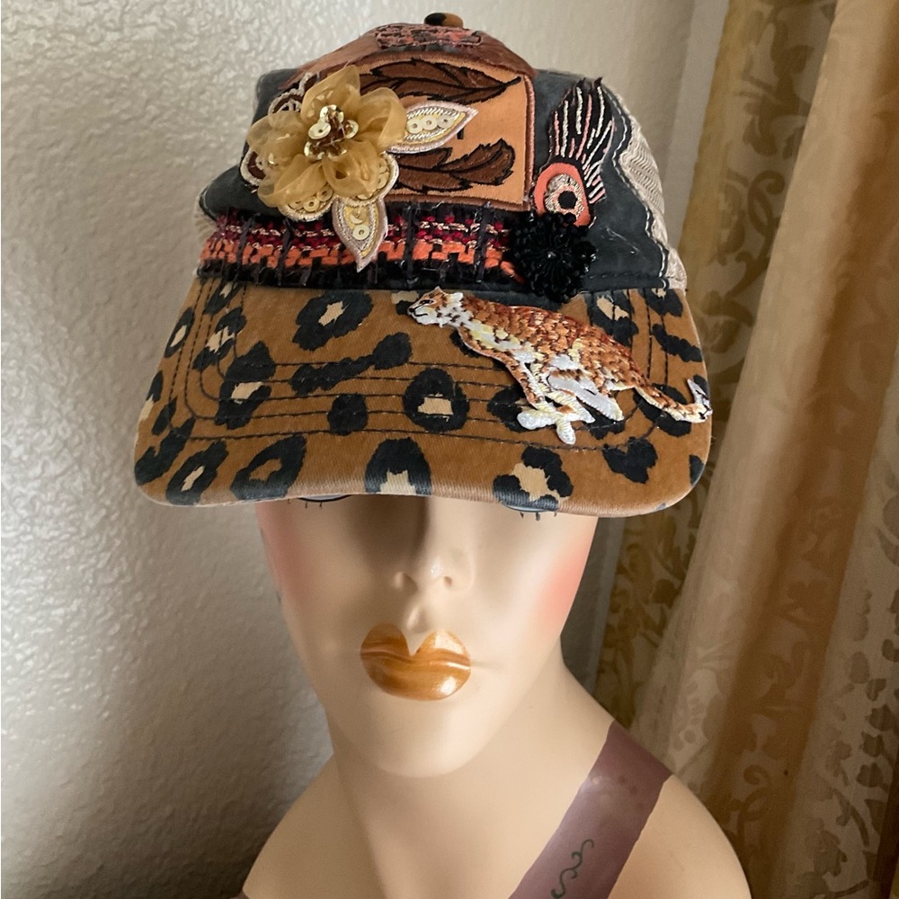 Leopard Print Embellished Baseball Cap Upcycled handmade